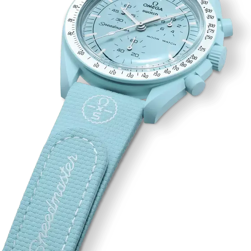 Cinturino MoonSwatch in gomma azzurro/bianco