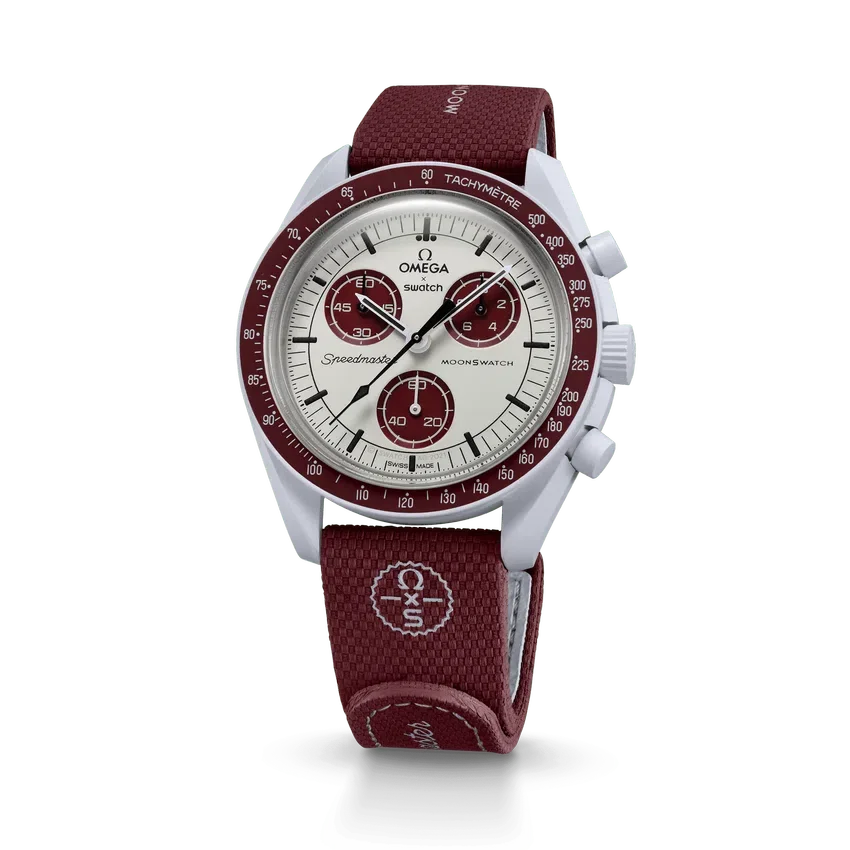 MoonSwatch in gomma bordeaux/grigio chiaro