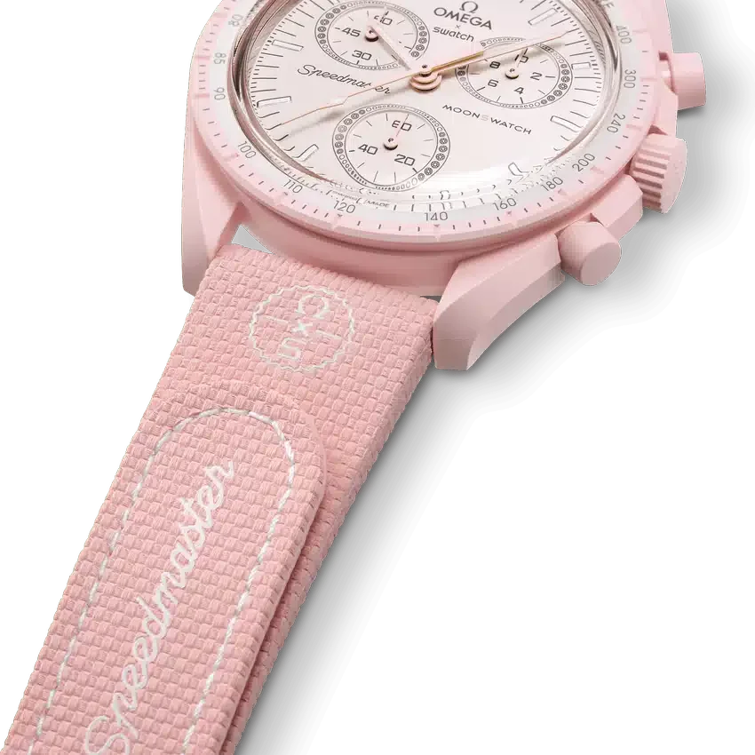 MoonSwatch in gomma rosa chiaro/bianco