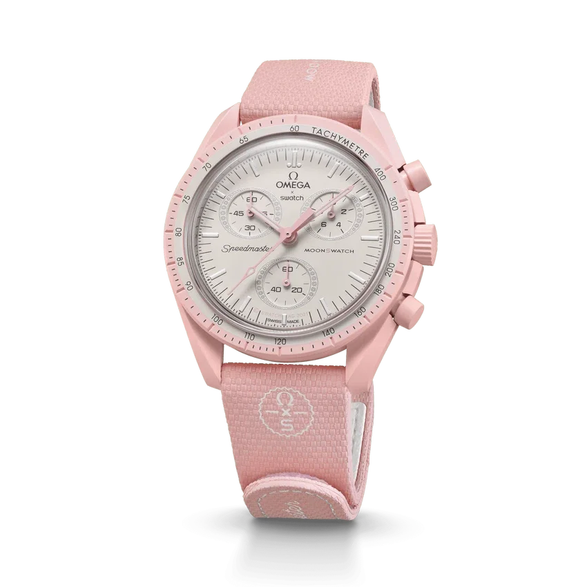 MoonSwatch in gomma rosa chiaro/bianco